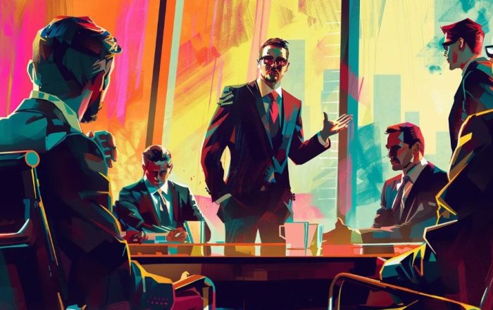 Business meeting with diverse professionals discussing strategies, vibrant colors reflecting a dynamic environment.