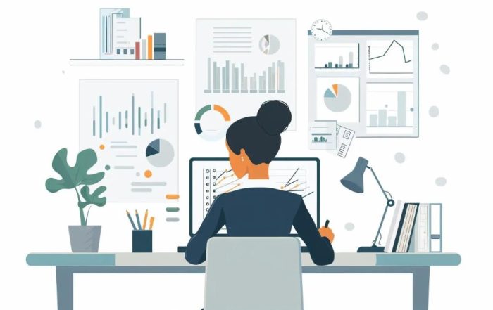 Person analyzing data on a computer at a desk with charts and graphs, emphasizing the Knowledge personality type in the B.A.N.K. system.
